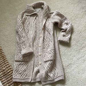 Beautiful button down knee length cardigan, 100% Merino Wool, Camel/Cream Size M